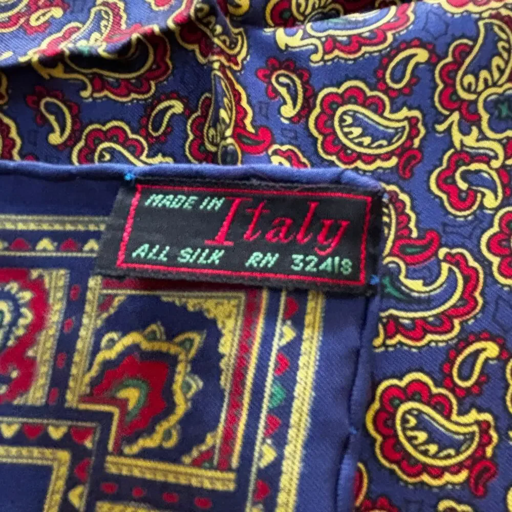 Vintage Italian silk scarf neckerchief style square blue red gold paisley print